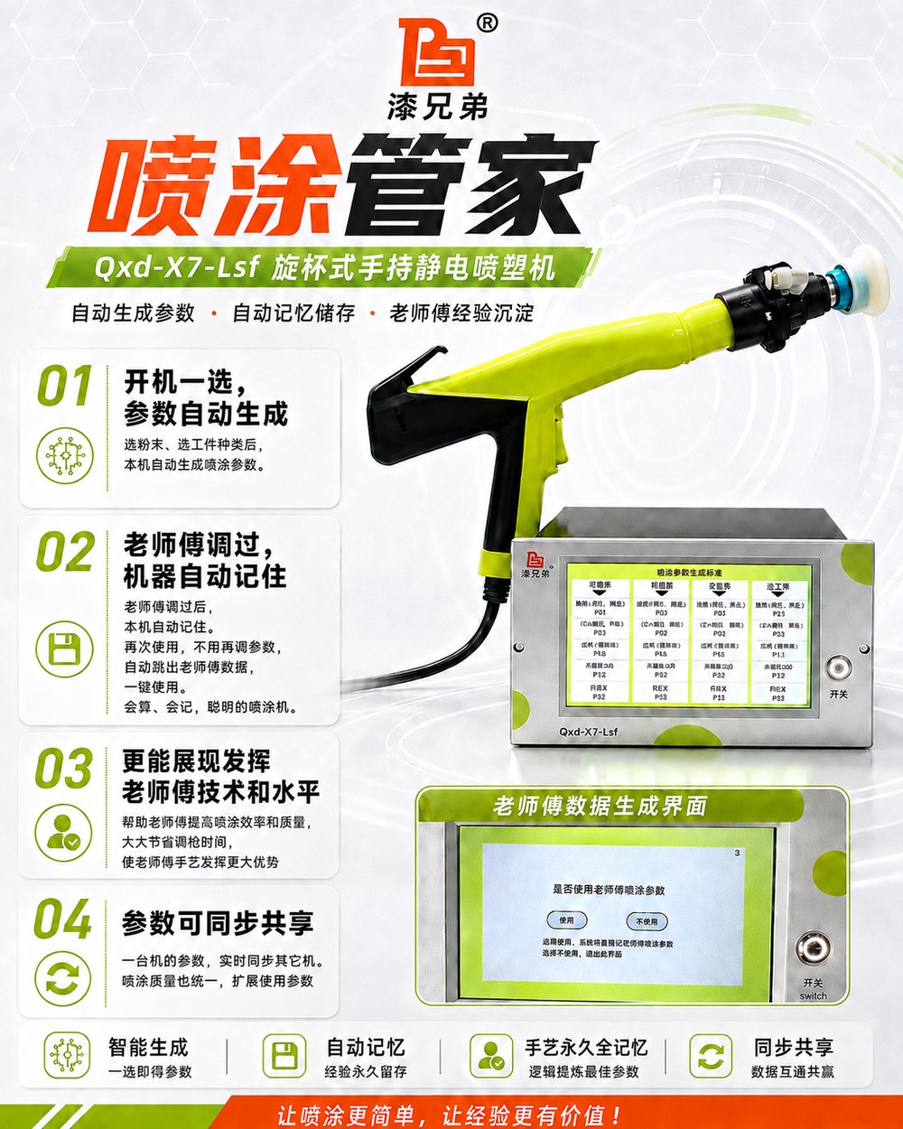 漆兄弟X7老师傅喷涂管家 Qxd-X7-Lsf 旋杯式手持静电喷塑机 — 自动生成参数、自动记忆储存
